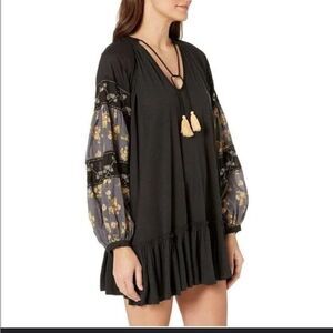 Free People Mix it Up Balloon Sleeve Floral Beaded Tunic Mini Dress Blouse S/M
